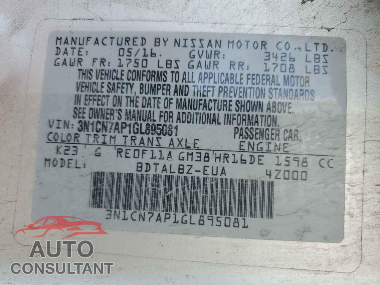 NISSAN VERSA 2016 - 3N1CN7AP1GL895081