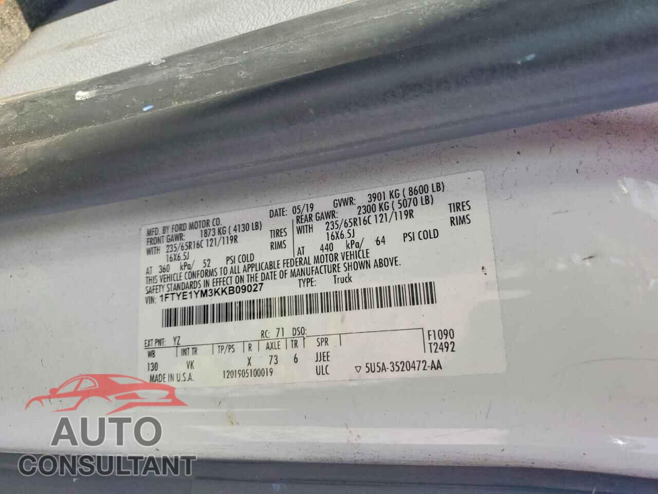FORD TRANSIT 2019 - 1FTYE1YM3KKB09027