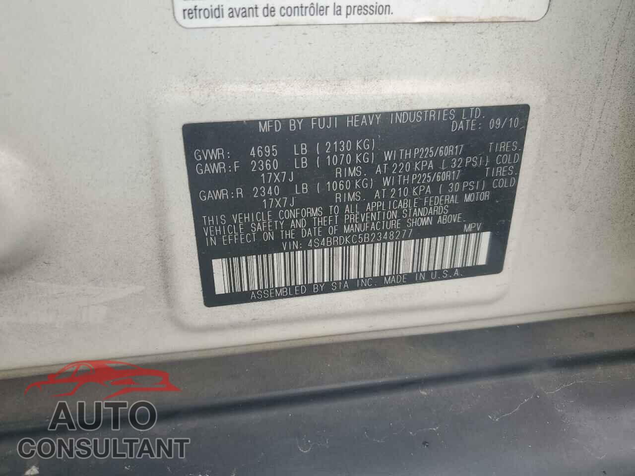 SUBARU OUTBACK 2011 - 4S4BRDKC5B2348277