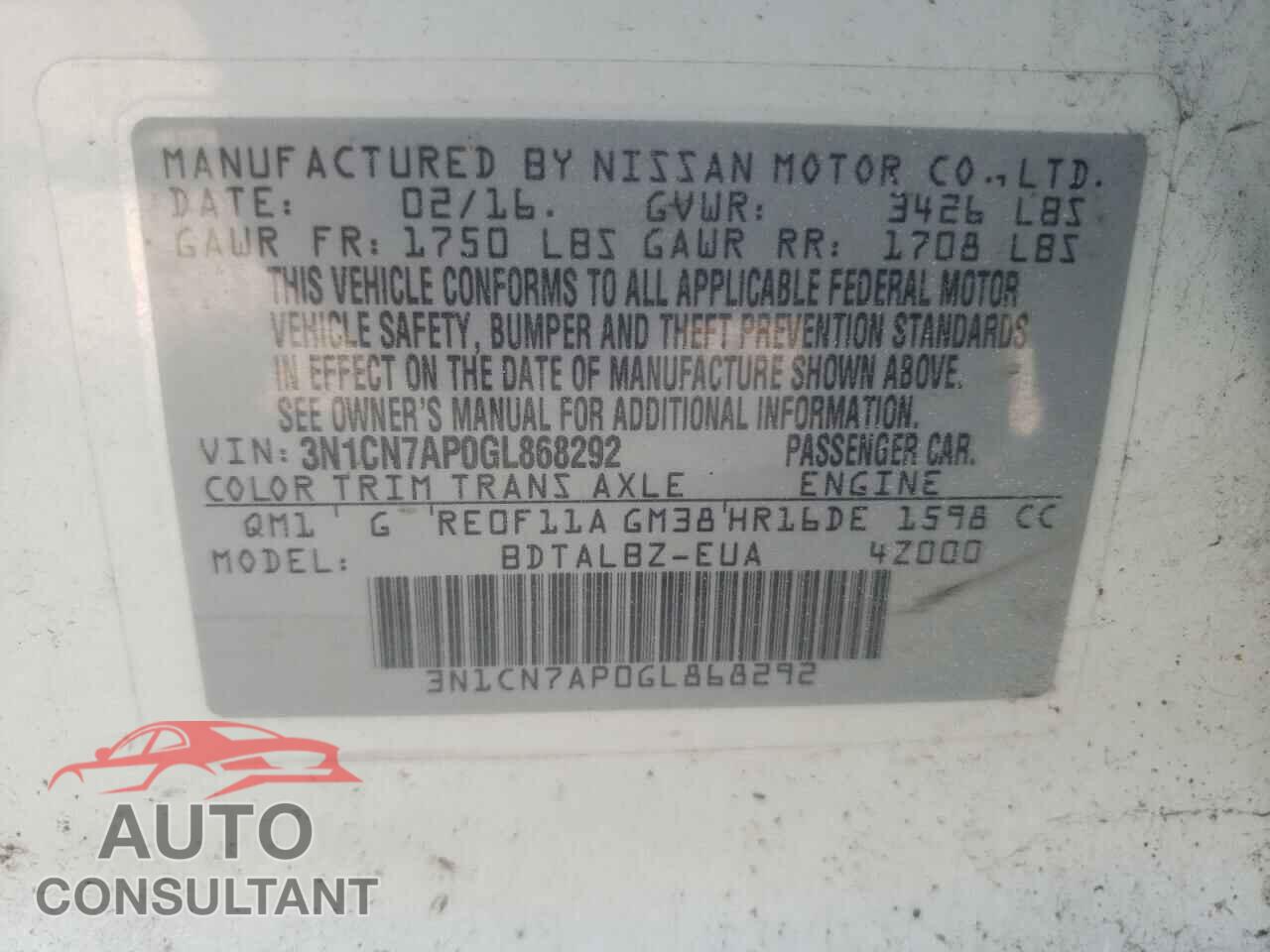 NISSAN VERSA 2016 - 3N1CN7AP0GL868292