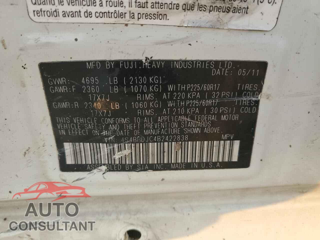 SUBARU OUTBACK 2011 - 4S4BRDJC4B2422838