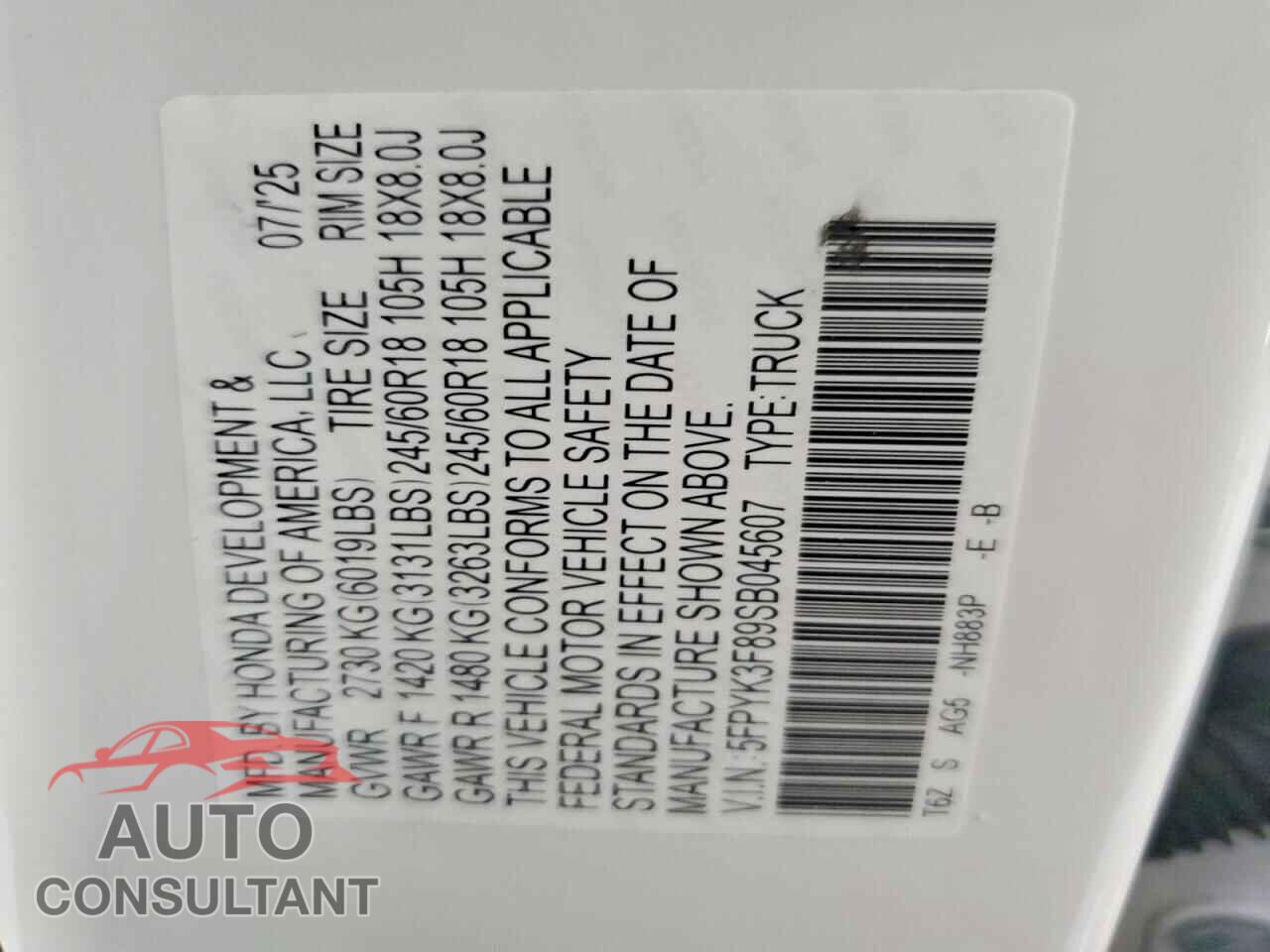 HONDA RIDGELINE 2025 - 5FPYK3F89SB045607
