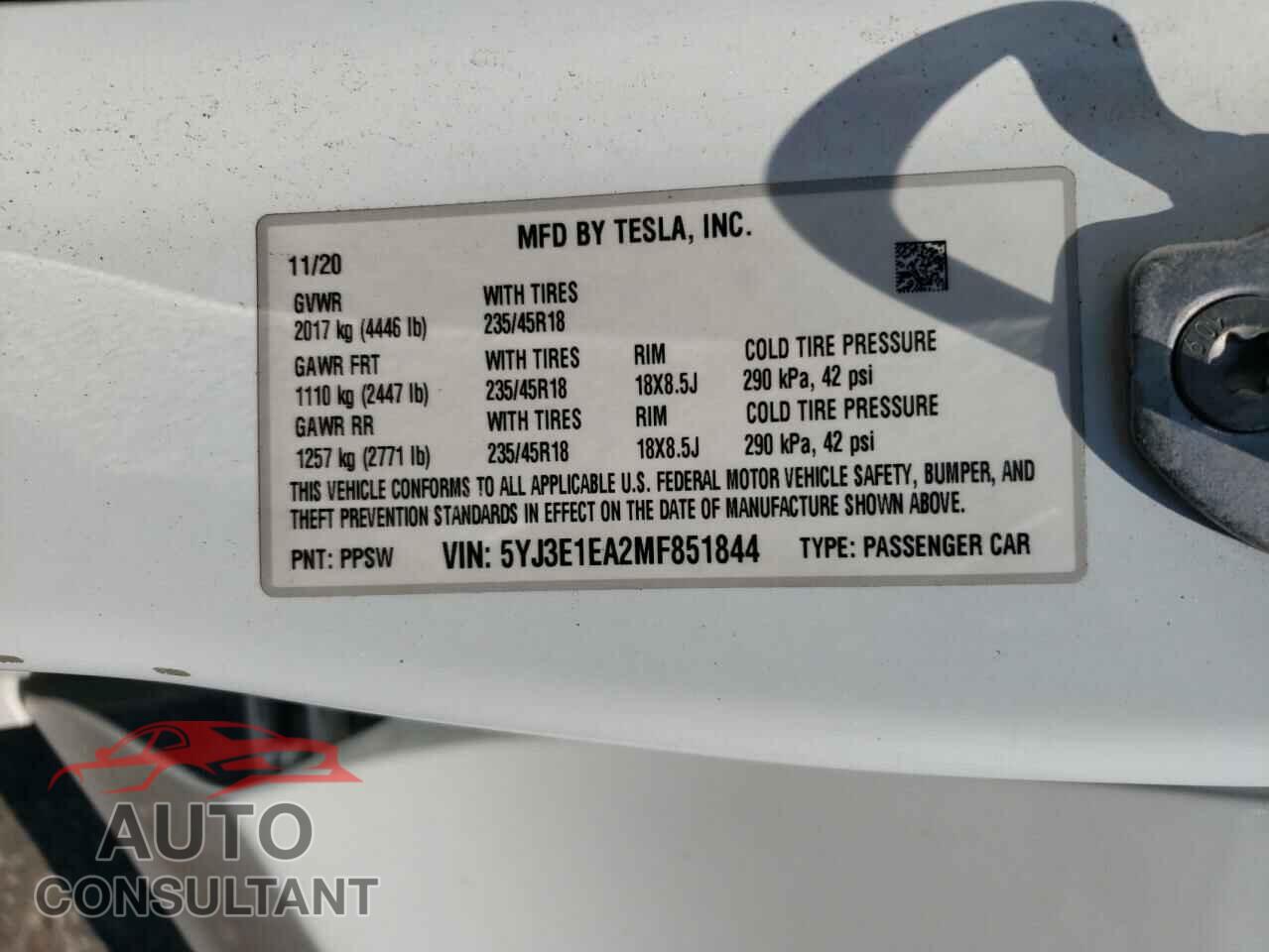 TESLA MODEL 3 2021 - 5YJ3E1EA2MF851844