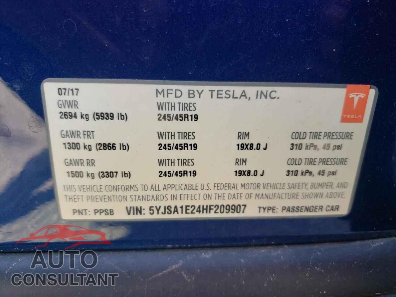 TESLA MODEL S 2017 - 5YJSA1E24HF209907