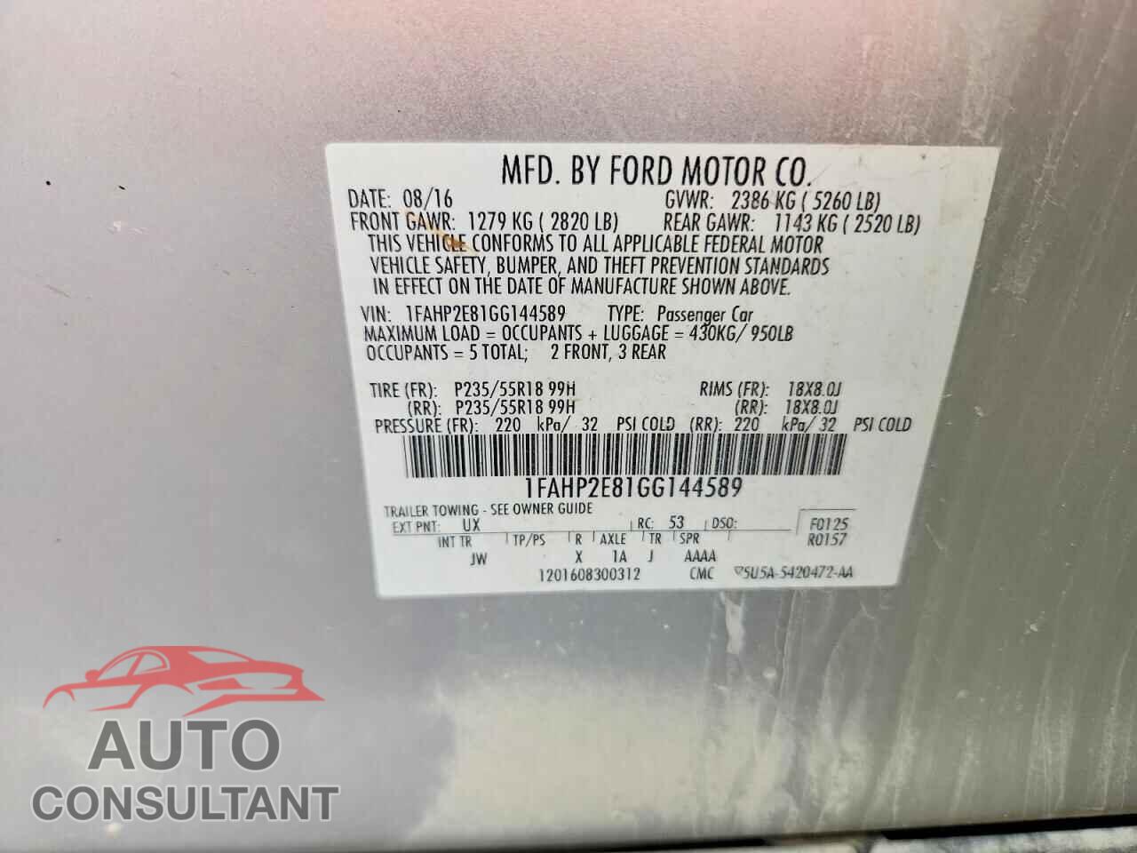 FORD TAURUS 2016 - 1FAHP2E81GG144589