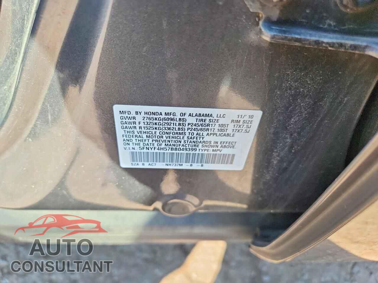 HONDA PILOT 2011 - 5FNYF4H57BB049399