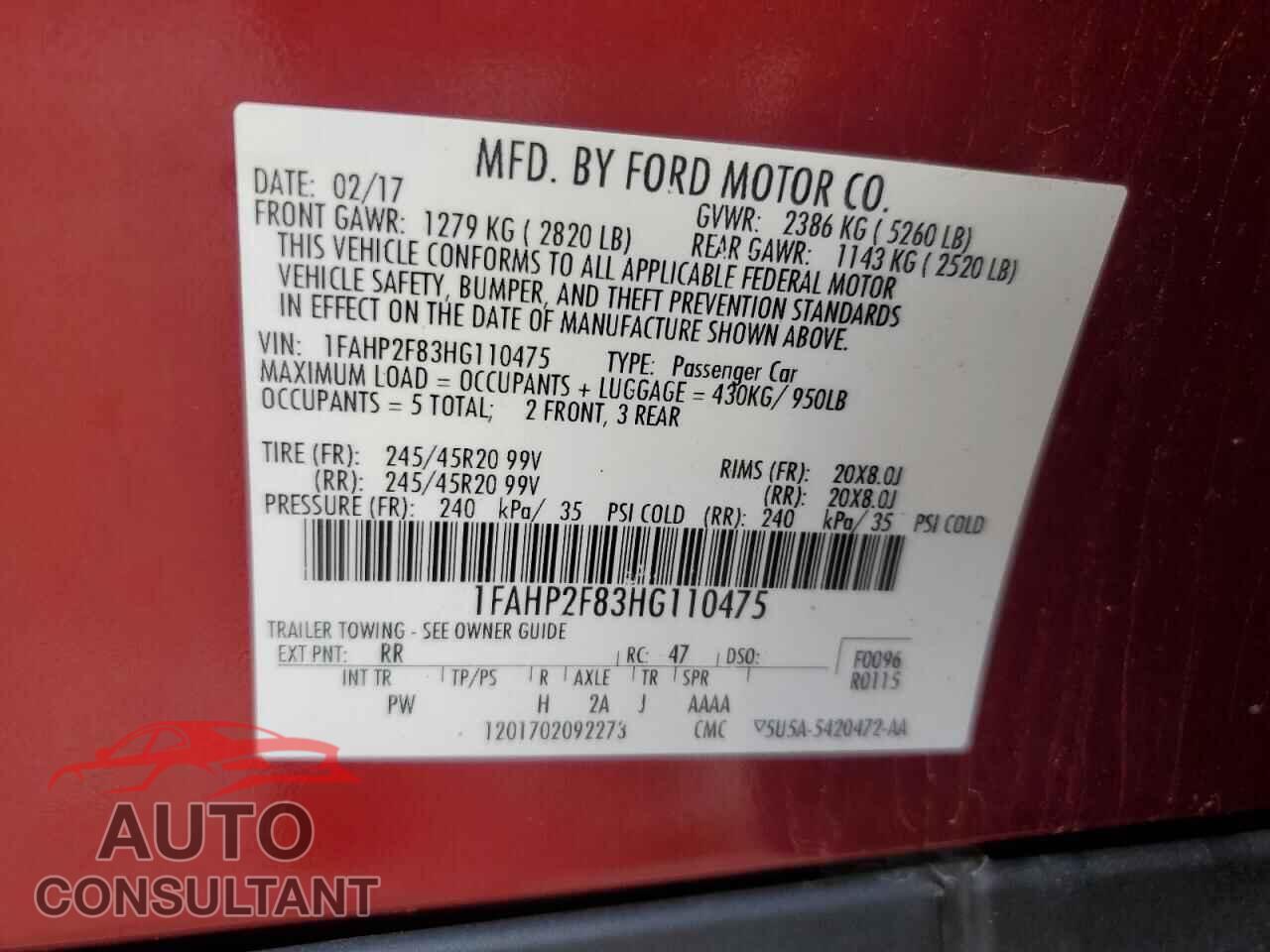 FORD TAURUS 2017 - 1FAHP2F83HG110475