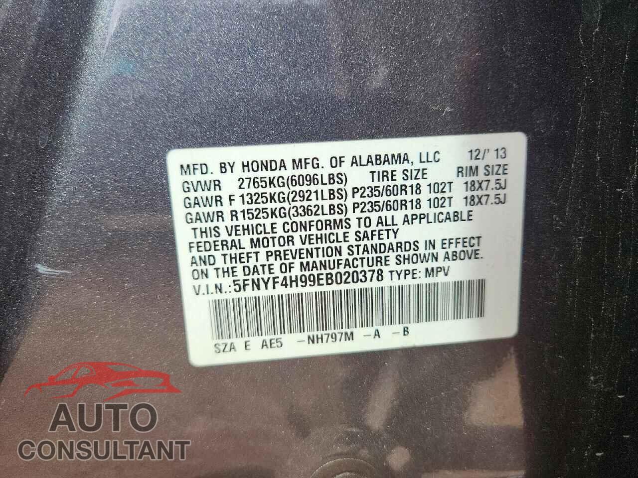 HONDA PILOT 2014 - 5FNYF4H99EB020378