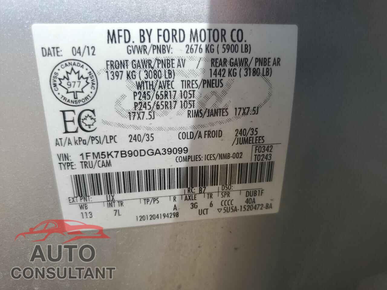 FORD EXPLORER 2013 - 1FM5K7B90DGA39099