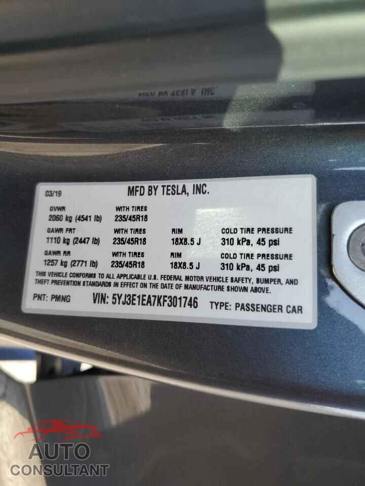 TESLA MODEL 3 2019 - 5YJ3E1EA7KF301746
