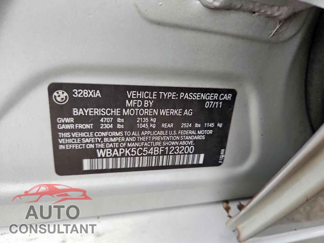 BMW 3 SERIES 2011 - WBAPK5C54BF123200