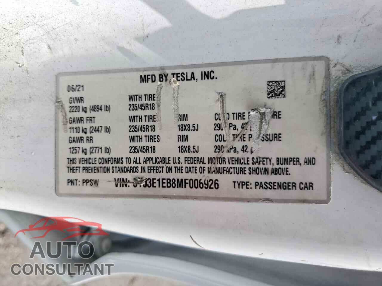 TESLA MODEL 3 2021 - 5YJ3E1EB8MF006926