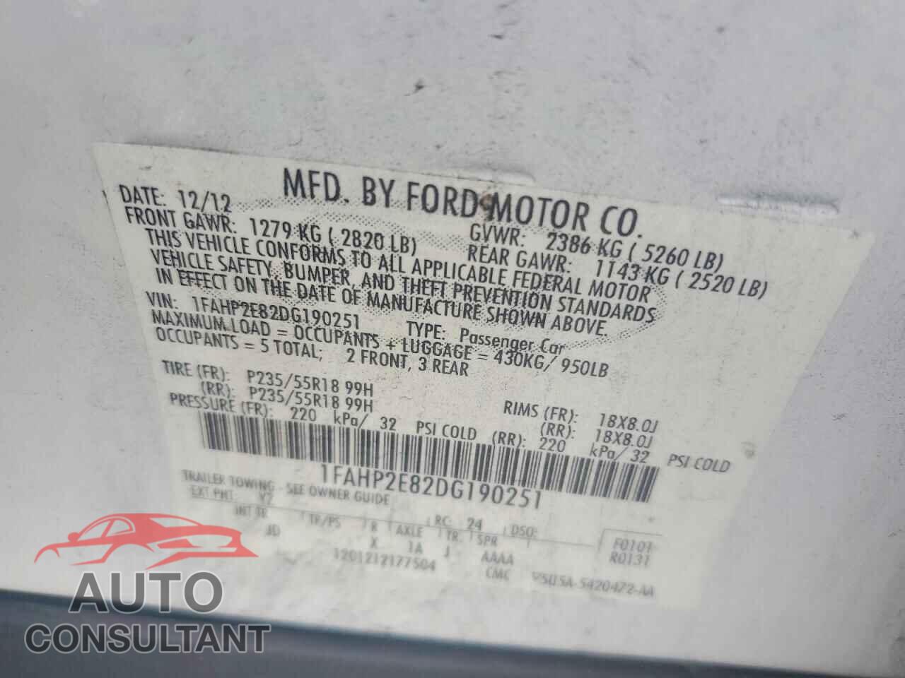 FORD TAURUS 2013 - 1FAHP2E82DG190251