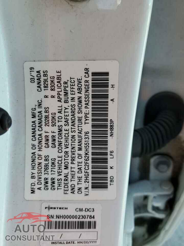 HONDA CIVIC 2019 - 2HGFC2F62KH551376