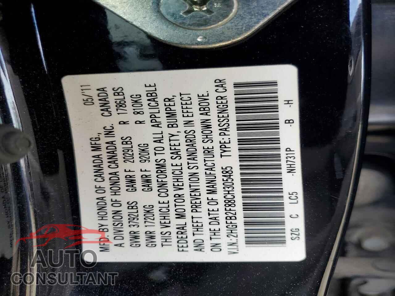 HONDA CIVIC 2012 - 2HGFB2F88CH305485