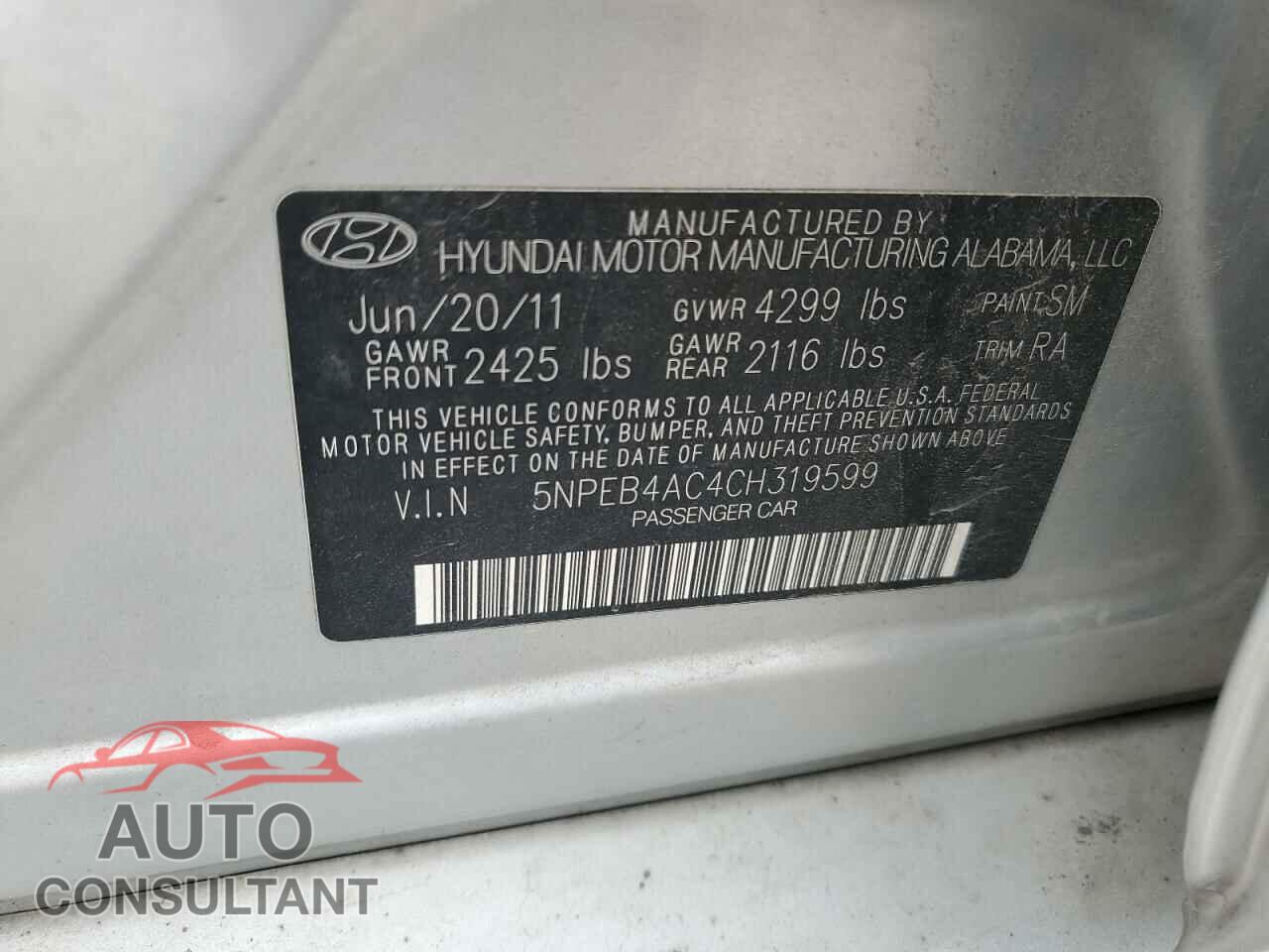 HYUNDAI SONATA 2012 - 5NPEB4AC4CH319599