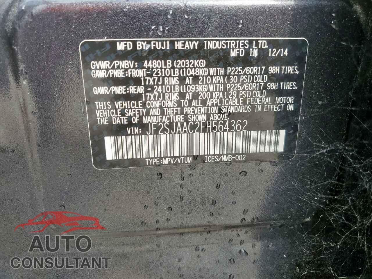 SUBARU FORESTER 2015 - JF2SJAAC2FH564362