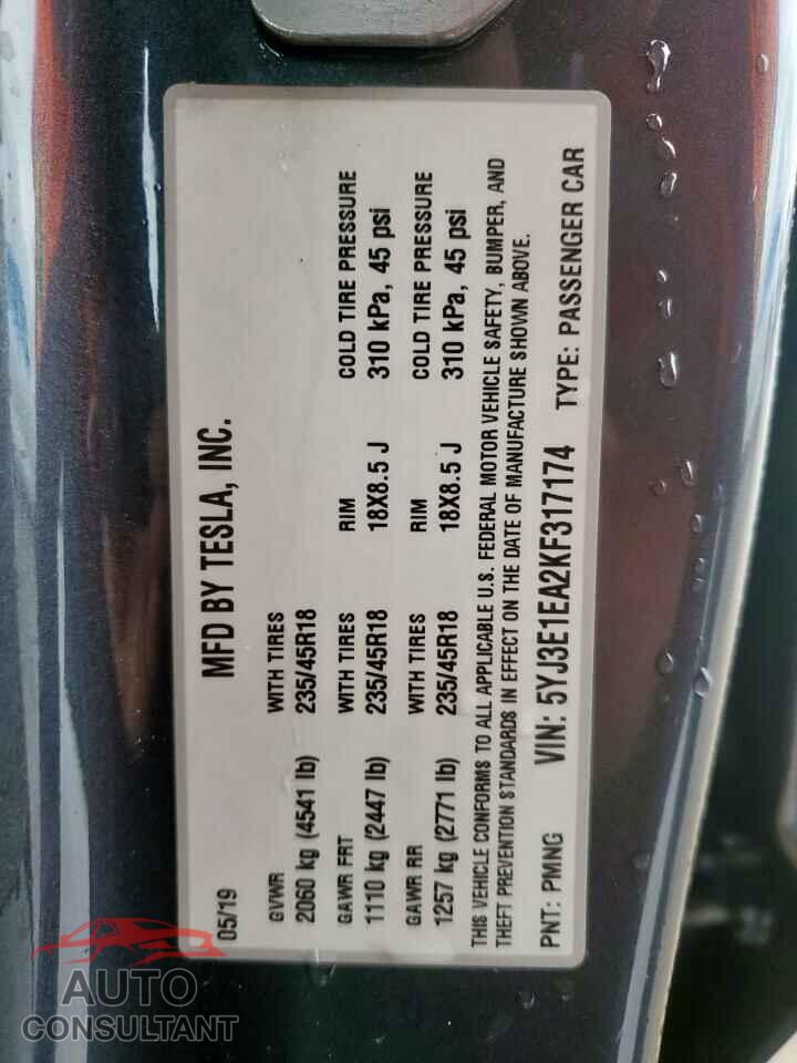 TESLA MODEL 3 2019 - 5YJ3E1EA2KF317174