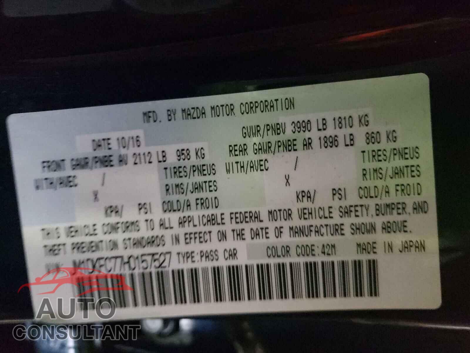 MAZDA CX-3 2017 - JM1DKFC77H0157527