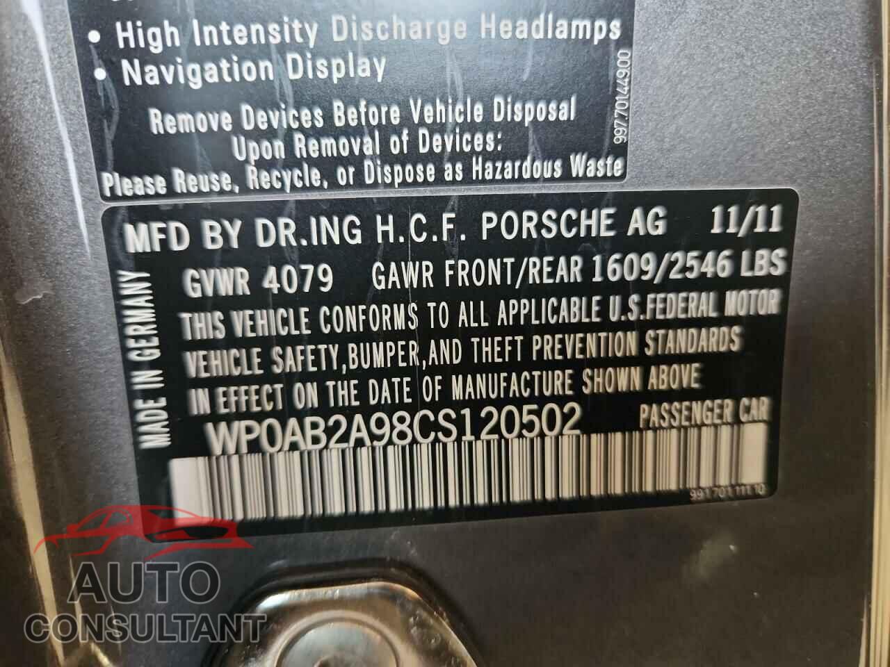 PORSCHE 911 2012 - WP0AB2A98CS120502