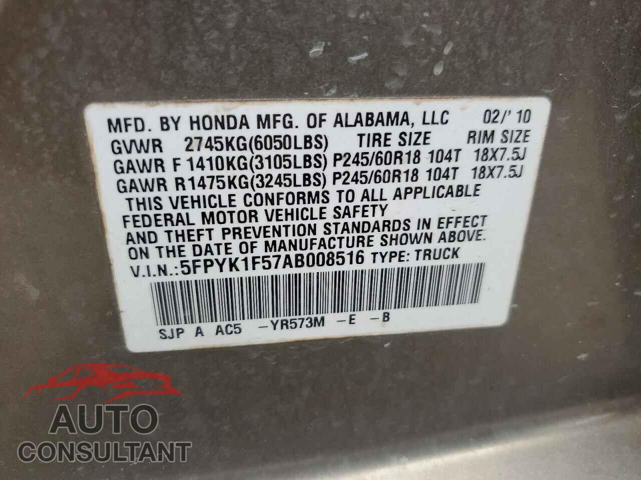 HONDA RIDGELINE 2010 - 5FPYK1F57AB008516