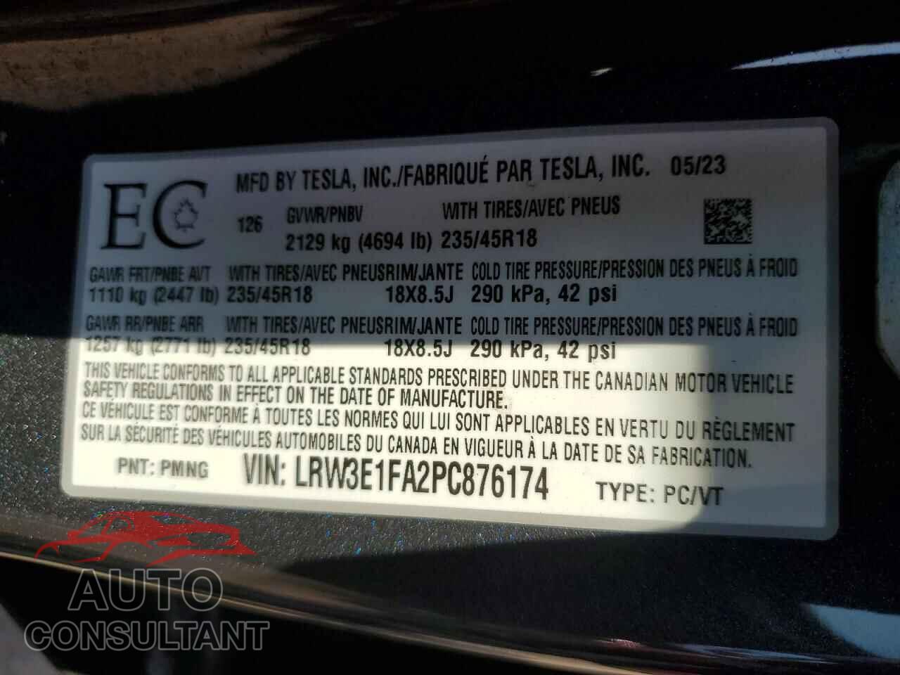 TESLA MODEL 3 2023 - LRW3E1FA2PC876174