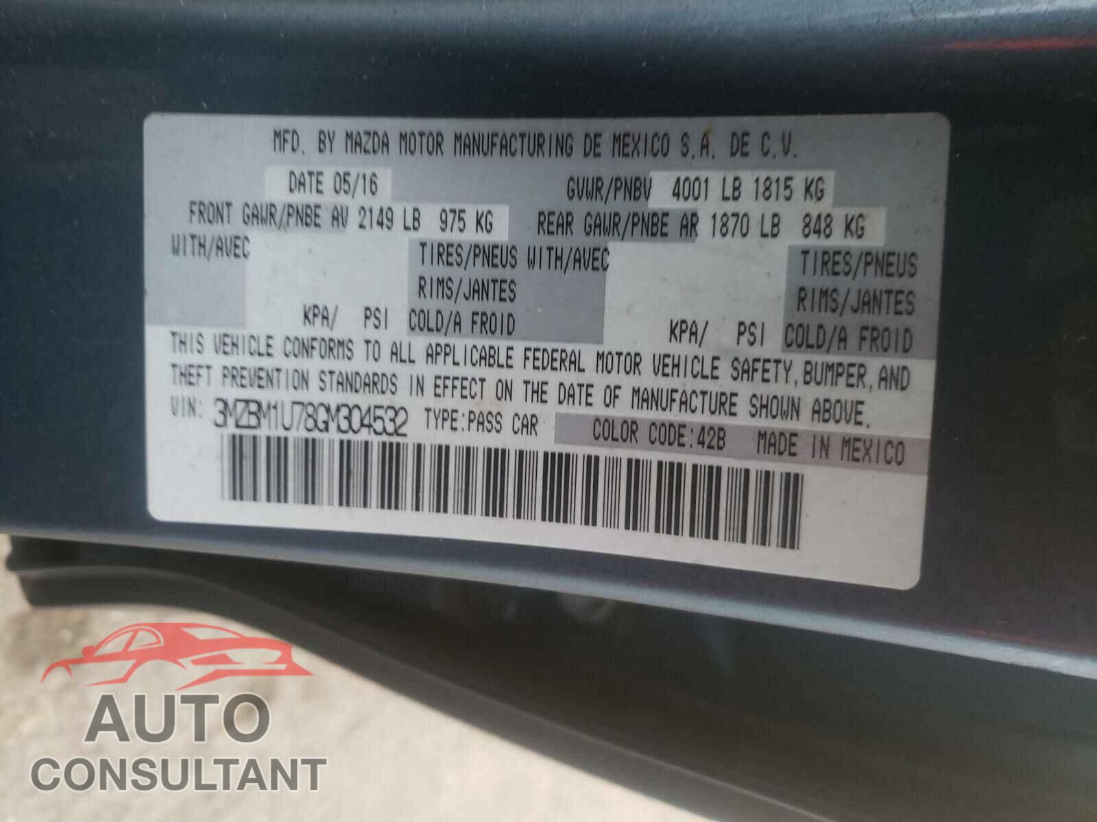 MAZDA 3 2016 - 3MZBM1U78GM304532