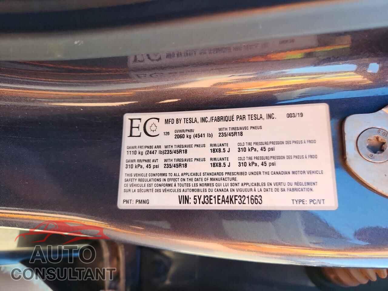 TESLA MODEL 3 2019 - 5YJ3E1EA4KF321663
