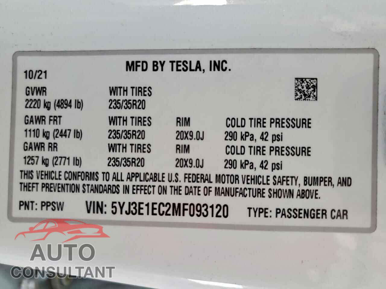 TESLA MODEL 3 2021 - 5YJ3E1EC2MF093120