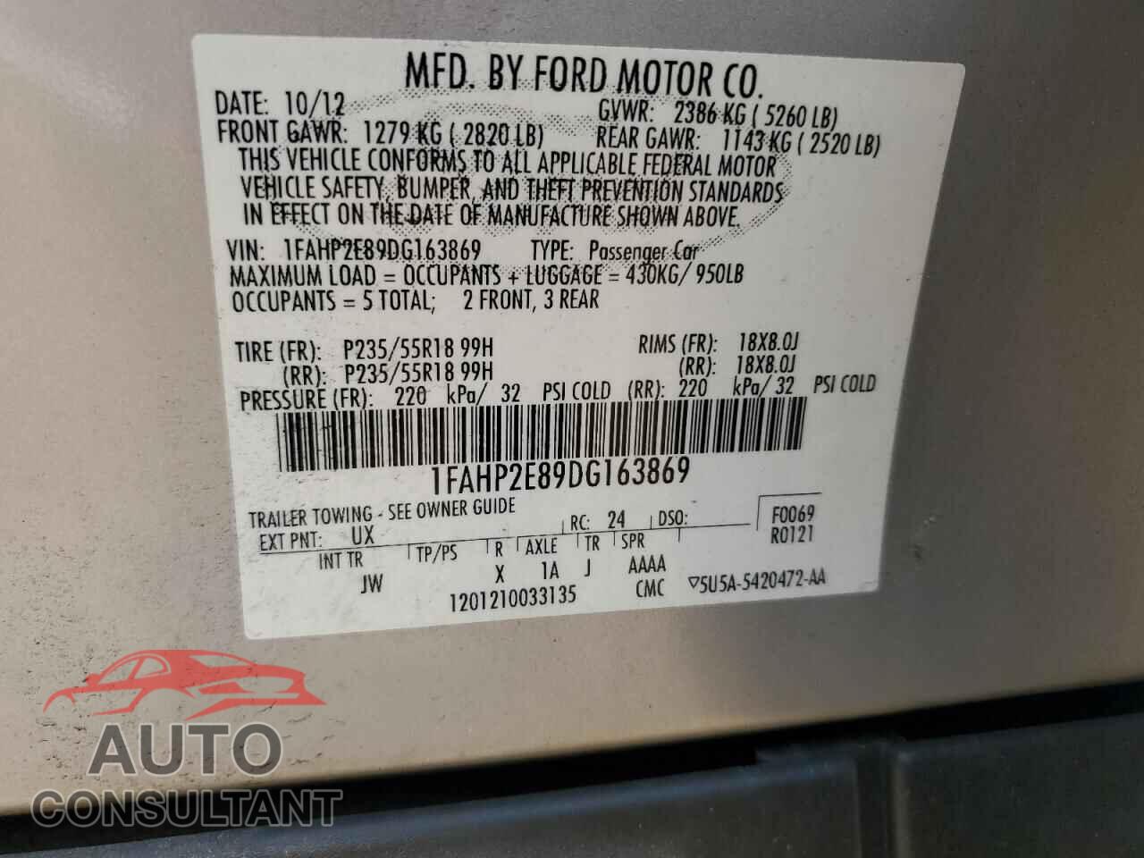 FORD TAURUS 2013 - 1FAHP2E89DG163869