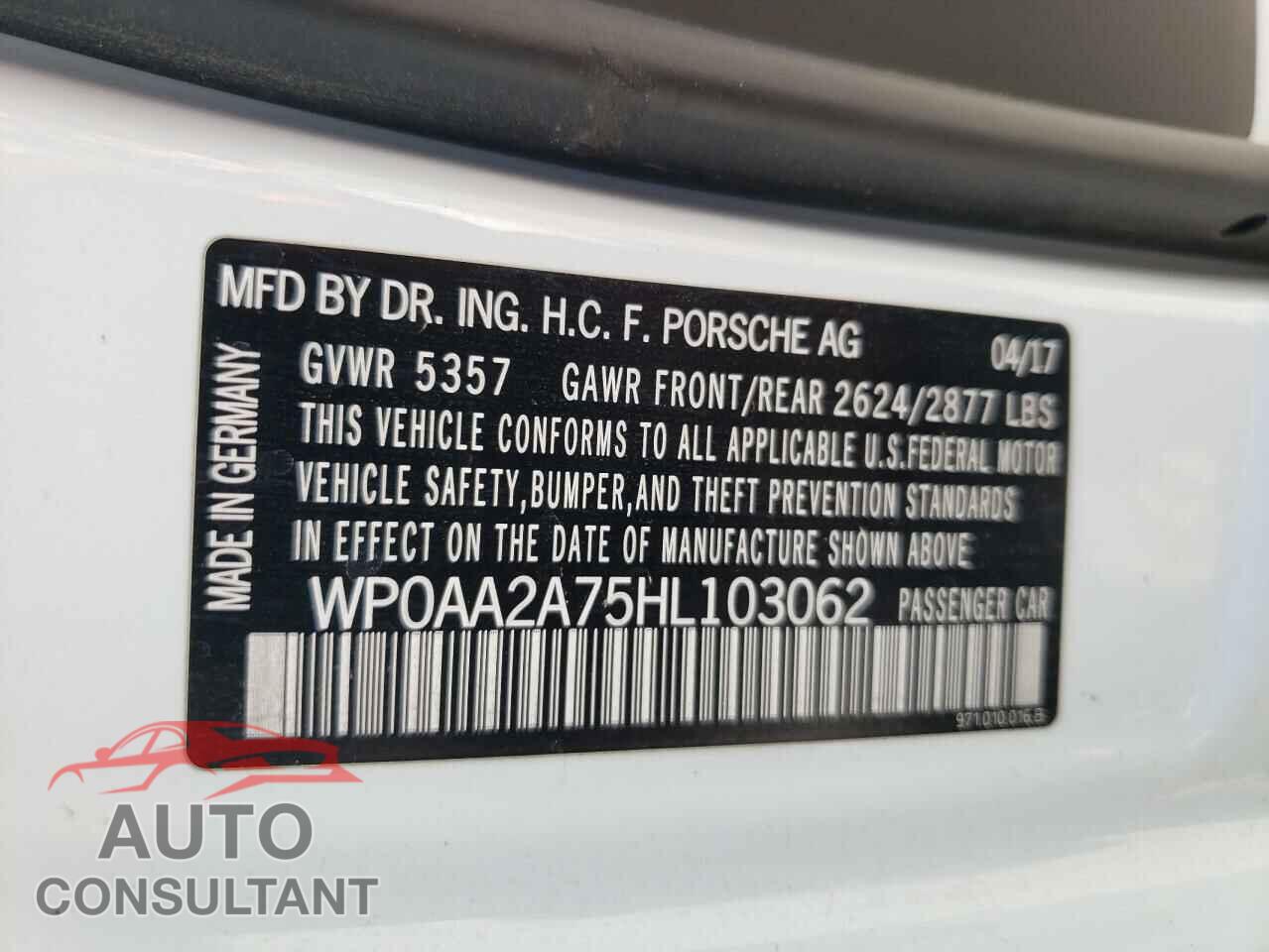 PORSCHE PANAMERA 2017 - WP0AA2A75HL103062
