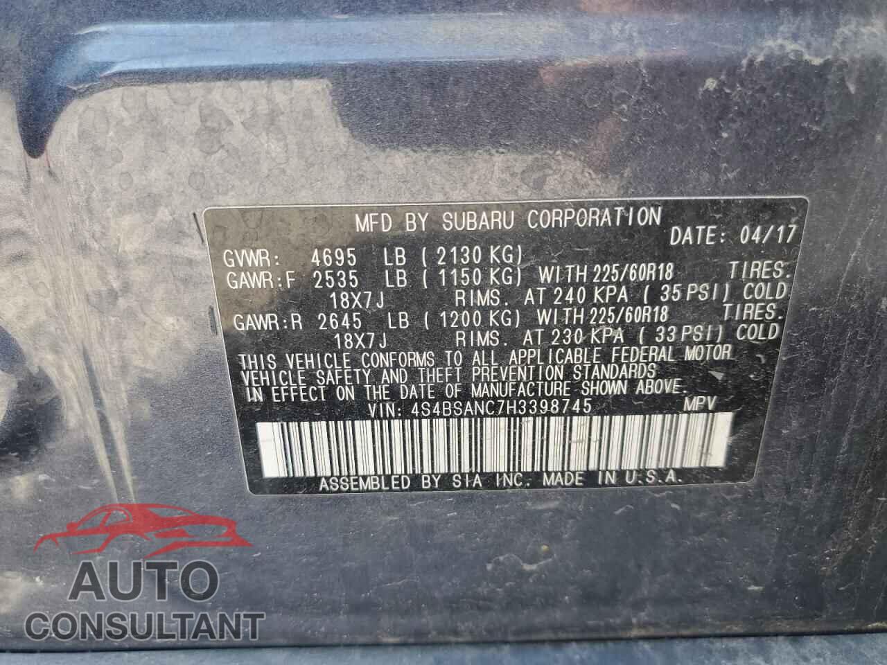 SUBARU OUTBACK 2017 - 4S4BSANC7H3398745