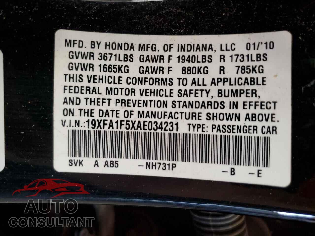 HONDA CIVIC 2010 - 19XFA1F5XAE034231