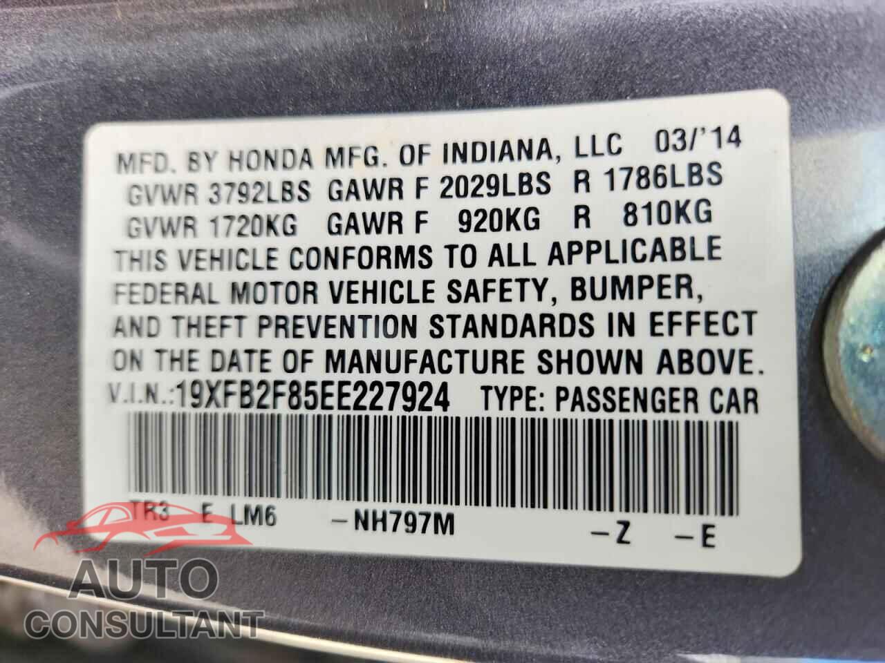 HONDA CIVIC 2014 - 19XFB2F85EE227924