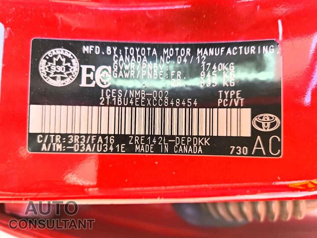 TOYOTA COROLLA 2012 - 2T1BU4EEXCC848454