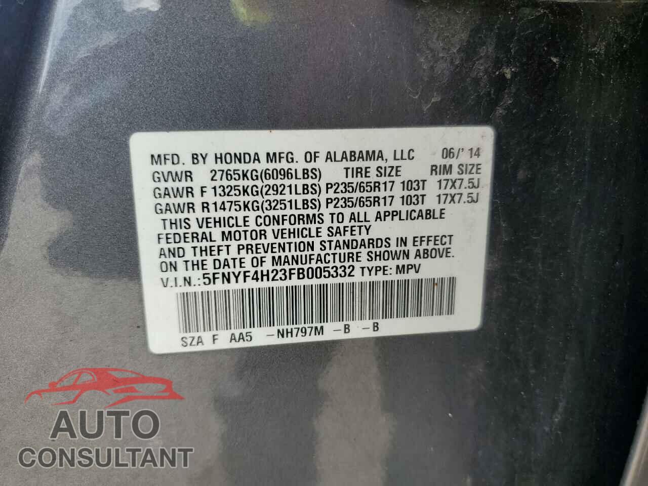 HONDA PILOT 2015 - 5FNYF4H23FB005332