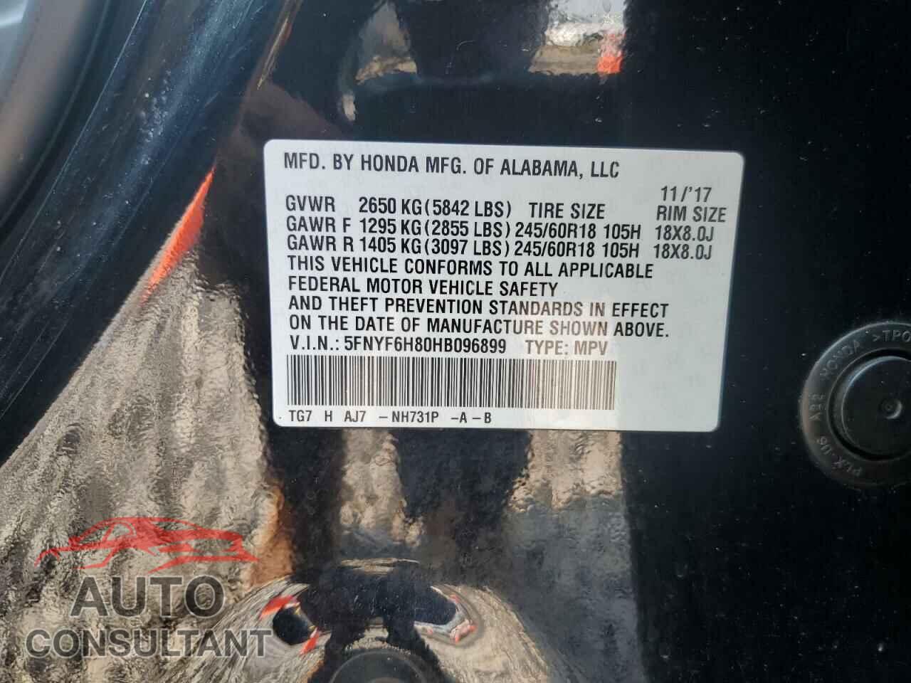 HONDA PILOT 2017 - 5FNYF6H80HB096899