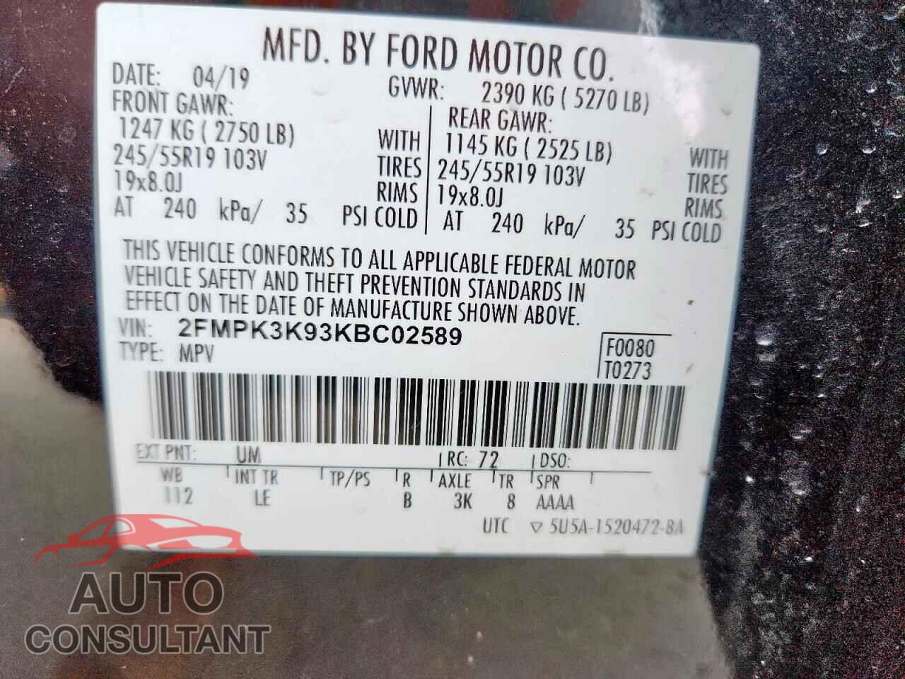FORD EDGE 2019 - 2FMPK3K93KBC02589