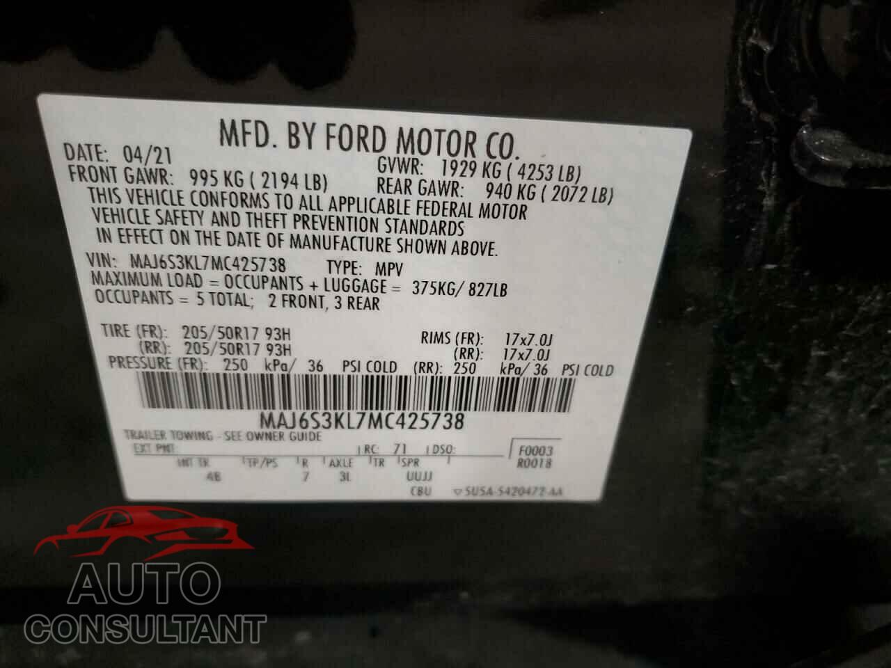 FORD ECOSPORT 2021 - MAJ6S3KL7MC425738