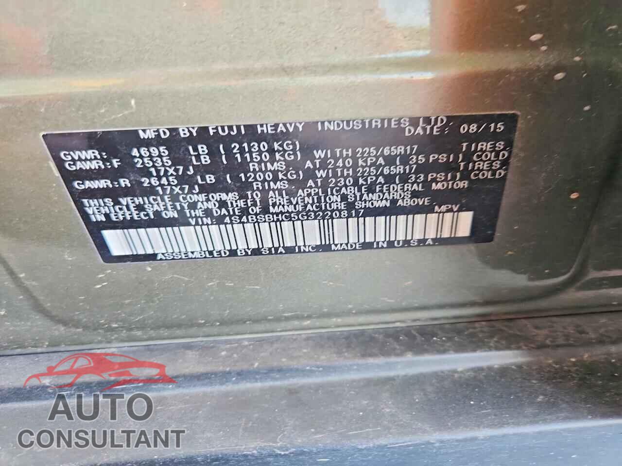 SUBARU OUTBACK 2016 - 4S4BSBHC5G3220817