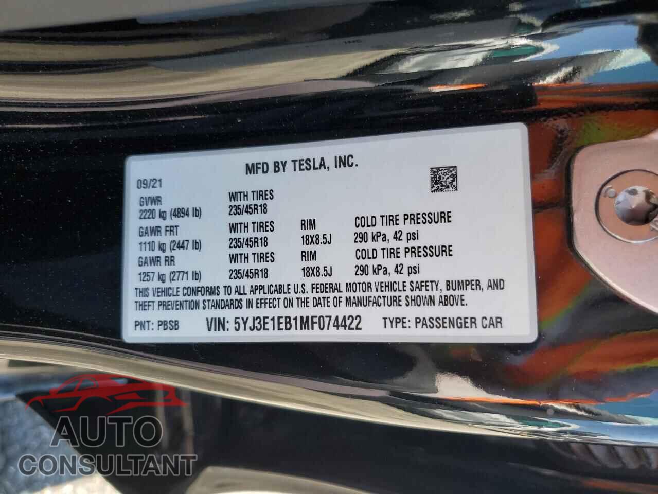 TESLA MODEL 3 2021 - 5YJ3E1EB1MF074422
