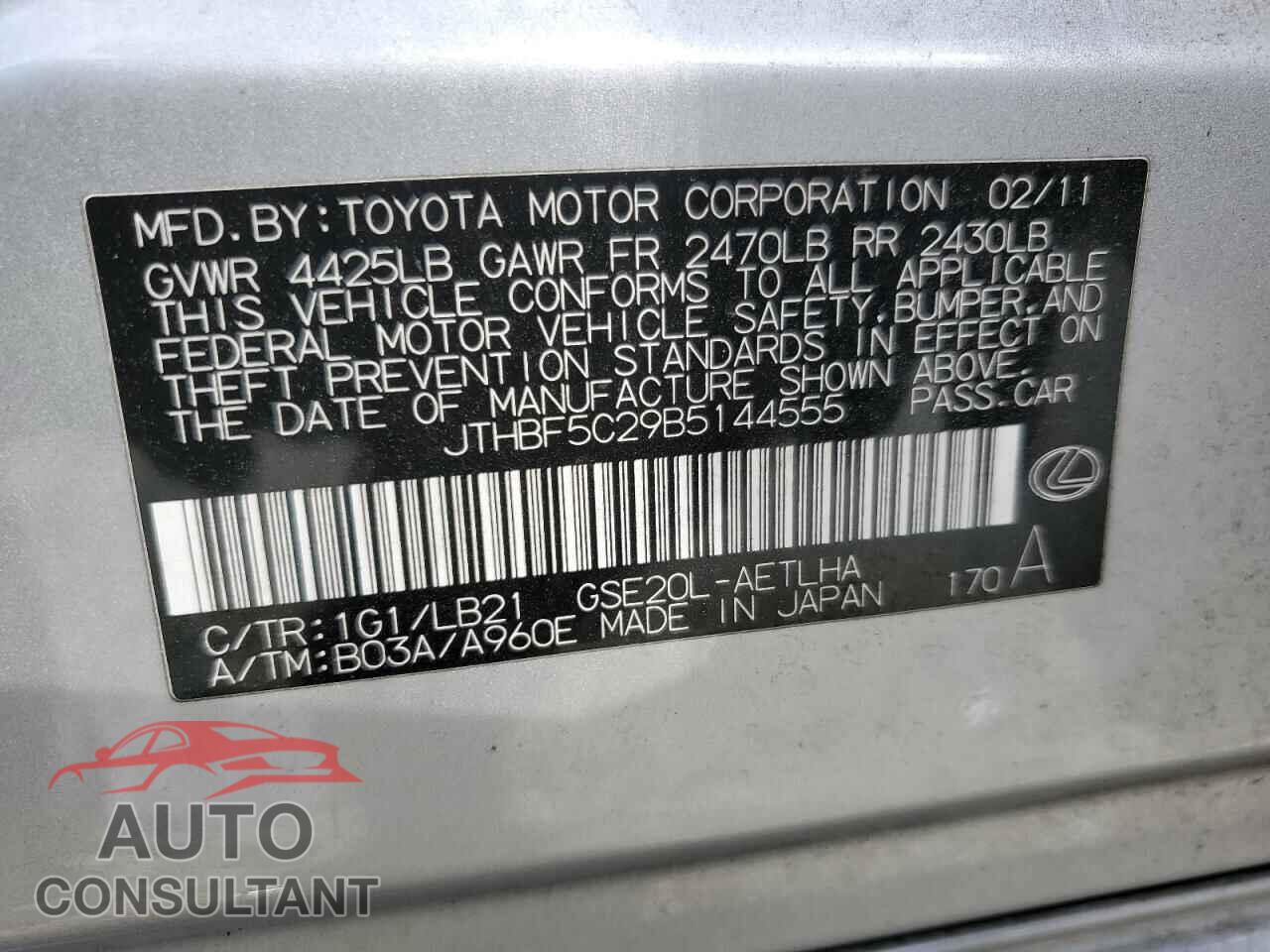 LEXUS IS 2011 - JTHBF5C29B5144555