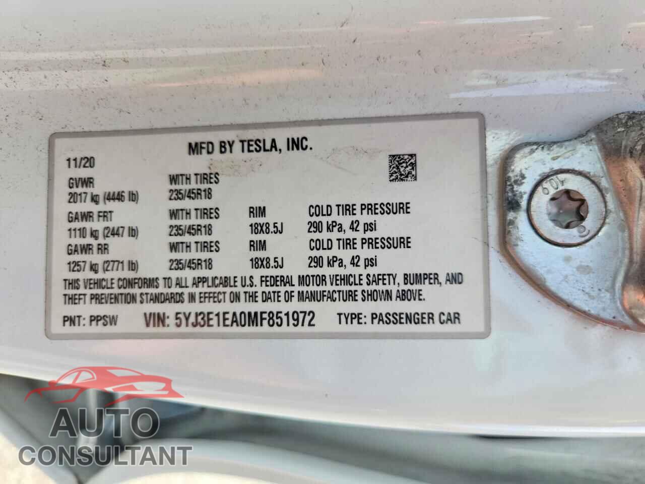 TESLA MODEL 3 2021 - 5YJ3E1EA0MF851972