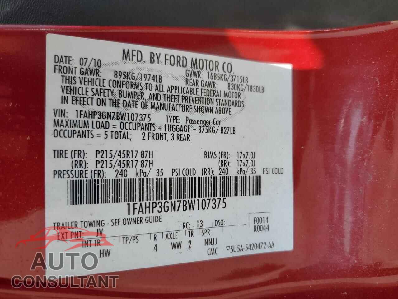 FORD FOCUS 2011 - 1FAHP3GN7BW107375