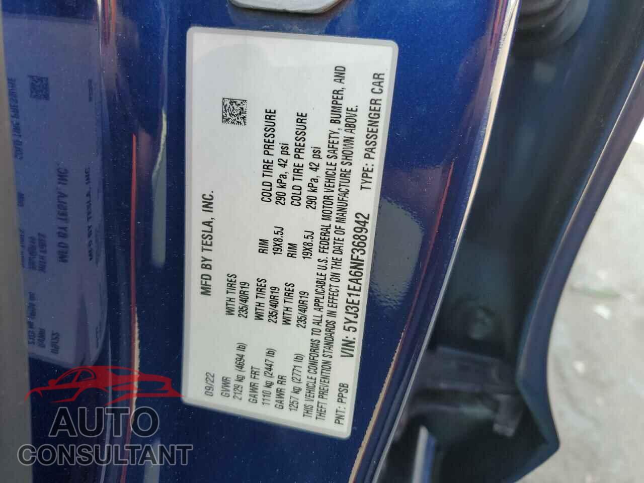 TESLA MODEL 3 2022 - 5YJ3E1EA6NF368942