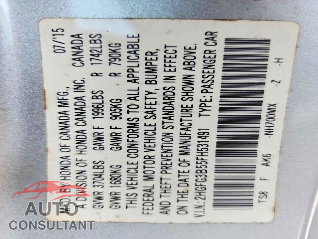 HONDA CIVIC 2015 - 2HGFG3B55FH531491