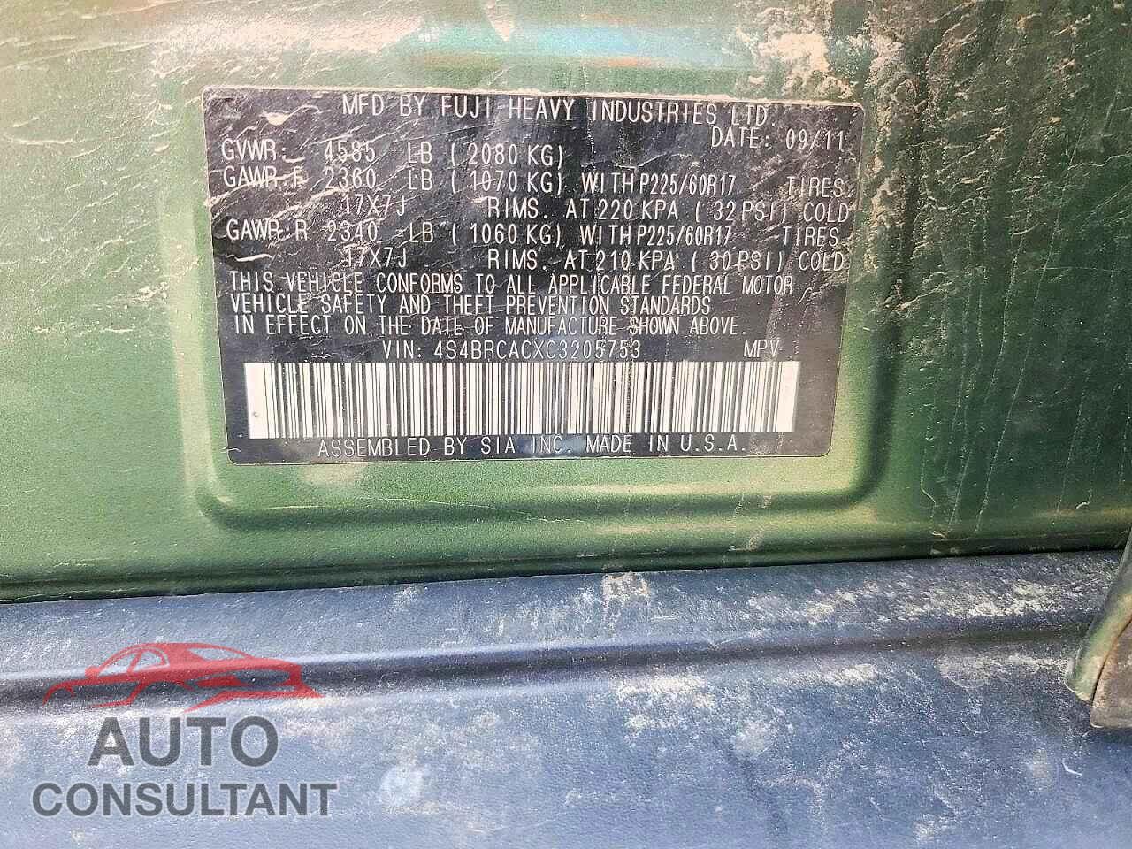 SUBARU OUTBACK 2012 - 4S4BRCACXC3205753