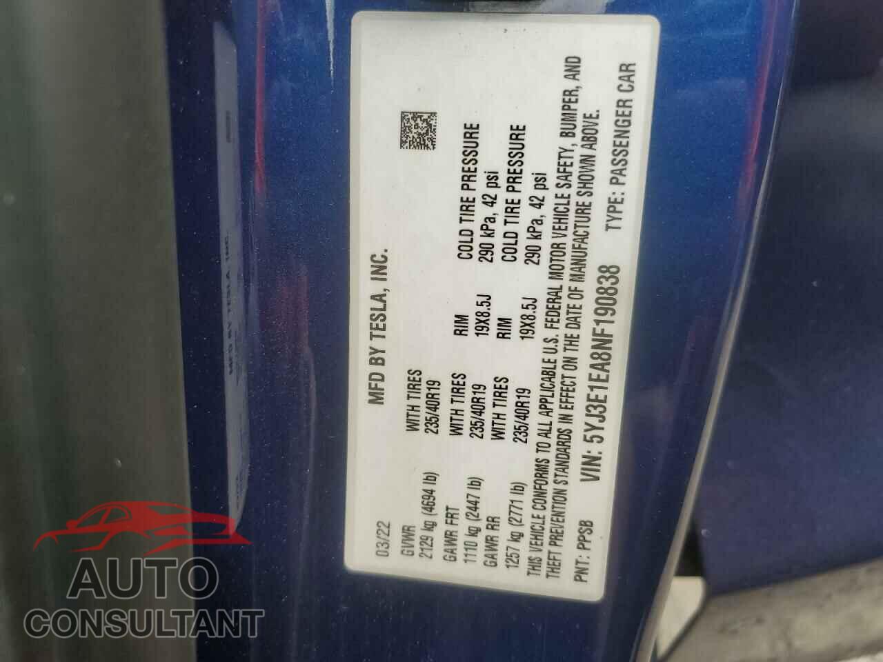 TESLA MODEL 3 2022 - 5YJ3E1EA8NF190838