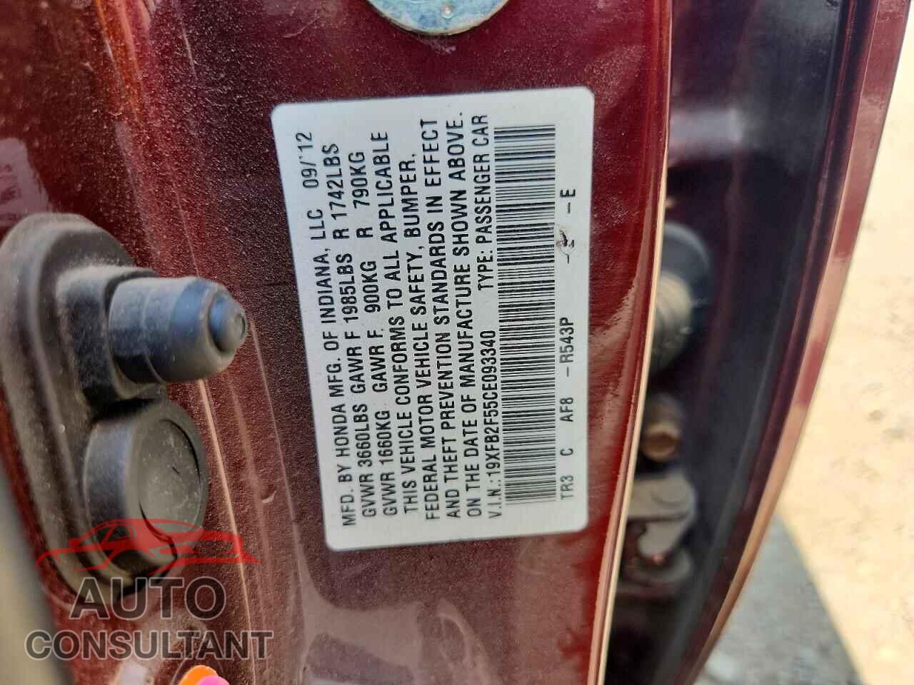 HONDA CIVIC 2012 - 19XFB2F55CE093340