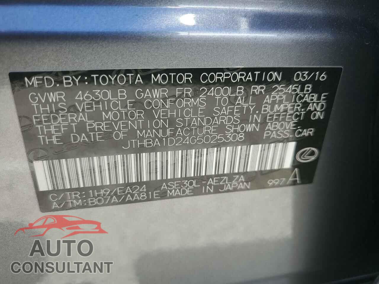 LEXUS IS 2016 - JTHBA1D24G5025308